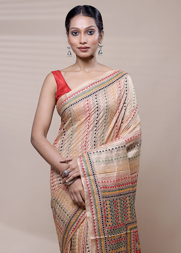 Cream Handloom Kantha Stitch Pure Silk Saree With Blouse Piece