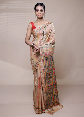 Cream Handloom Kantha Stitch Pure Silk Saree With Blouse Piece