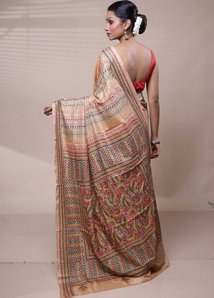 Cream Handloom Kantha Stitch Pure Silk Saree With Blouse Piece