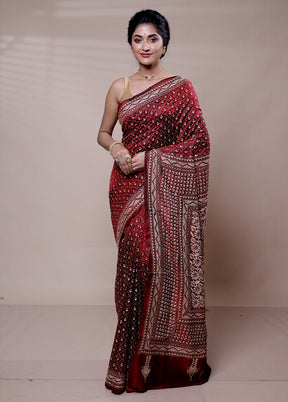 Maroon Handloom Kantha Stitch Pure Silk Saree With Blouse Piece