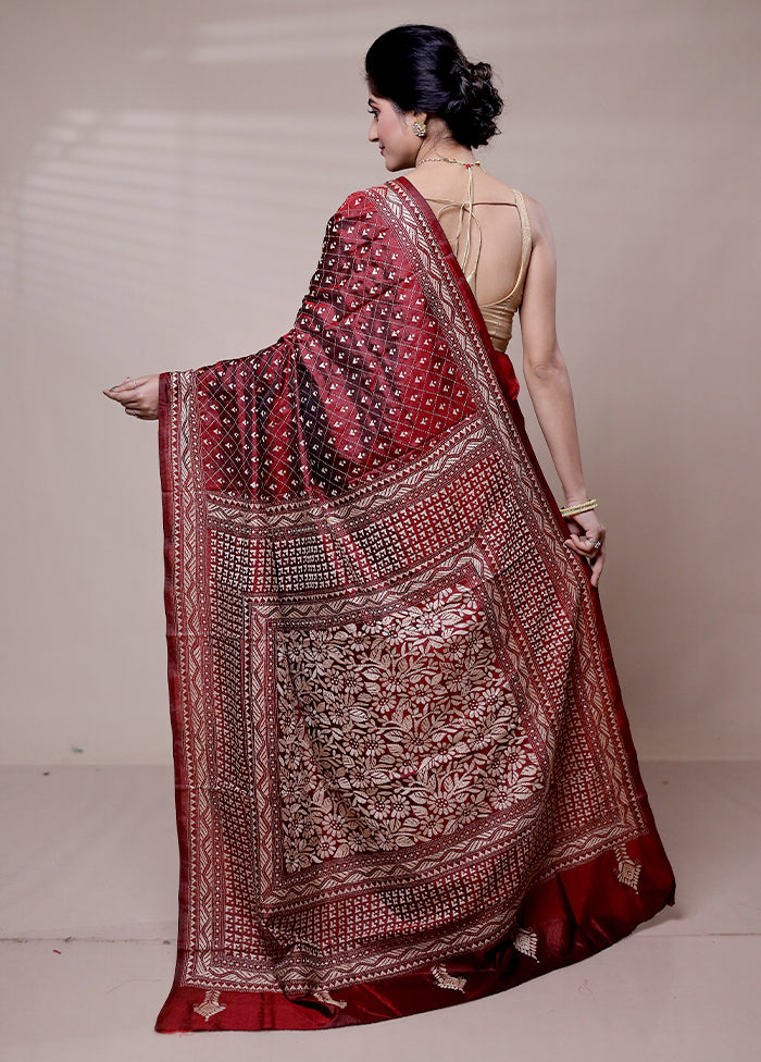 Maroon Handloom Kantha Stitch Pure Silk Saree With Blouse Piece