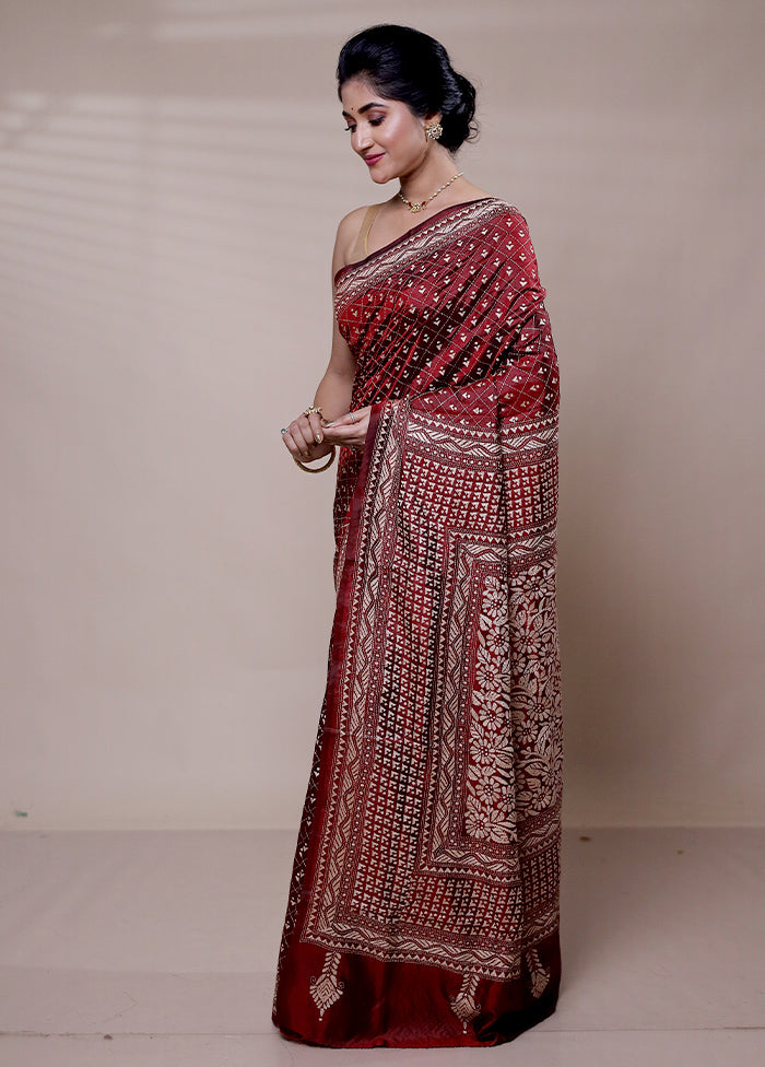 Maroon Handloom Kantha Stitch Pure Silk Saree With Blouse Piece