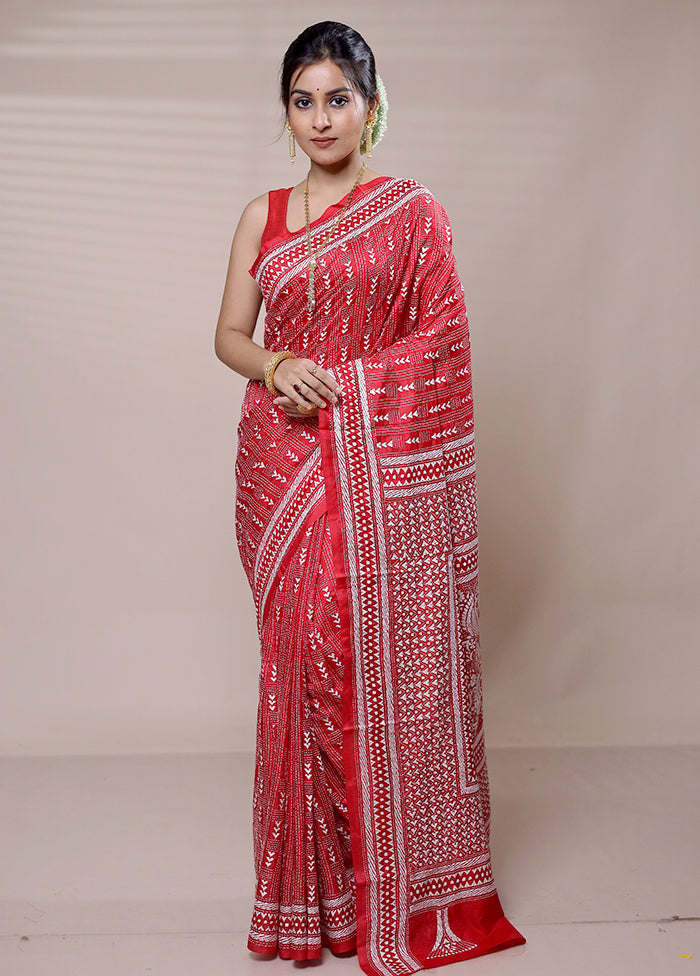 Red Handloom Kantha Stitch Pure Silk Saree With Blouse Piece