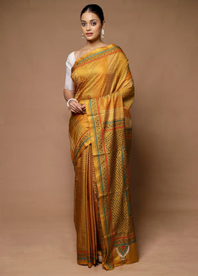 Yellow Handloom Kantha Stitch Pure Silk Saree With Blouse Piece