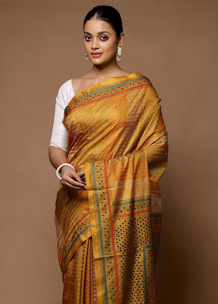 Yellow Handloom Kantha Stitch Pure Silk Saree With Blouse Piece