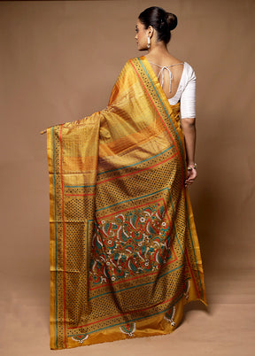 Yellow Handloom Kantha Stitch Pure Silk Saree With Blouse Piece