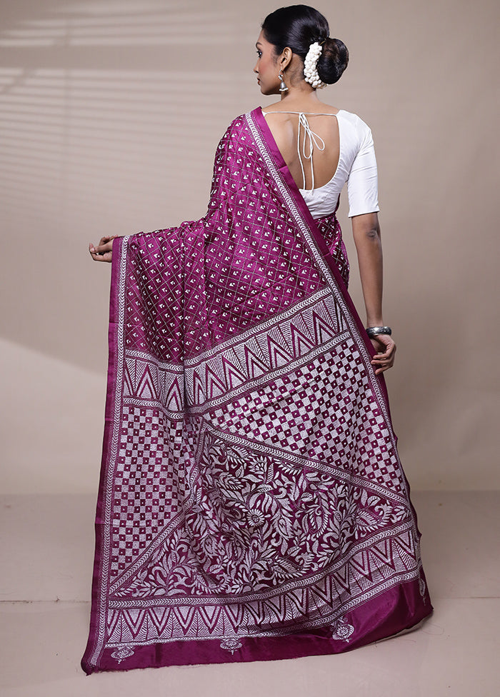 Purple Handloom Kantha Stitch Pure Silk Saree With Blouse Piece