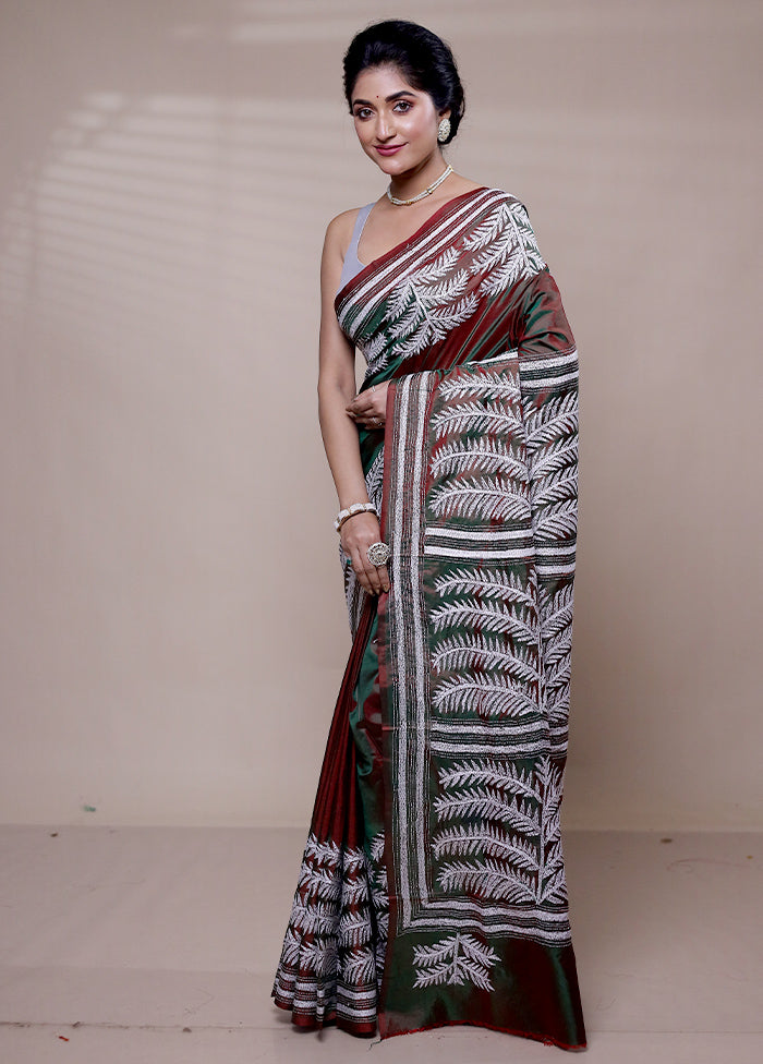 Maroon Handloom Kantha Stitch Pure Silk Saree With Blouse Piece