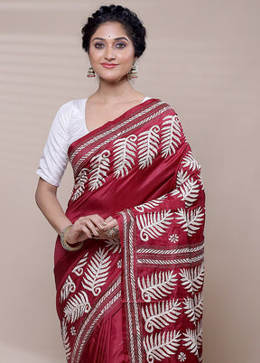 Red Handloom Kantha Stitch Pure Silk Saree With Blouse Piece