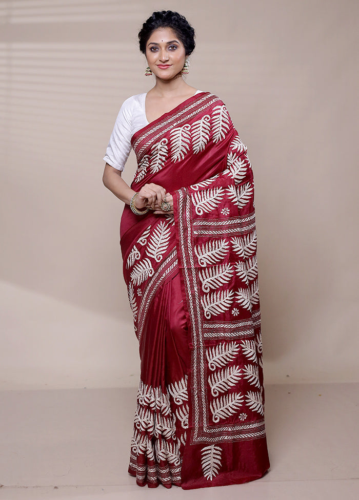 Red Handloom Kantha Stitch Pure Silk Saree With Blouse Piece