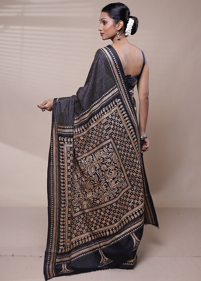 Black Handloom Kantha Stitch Pure Silk Saree With Blouse Piece