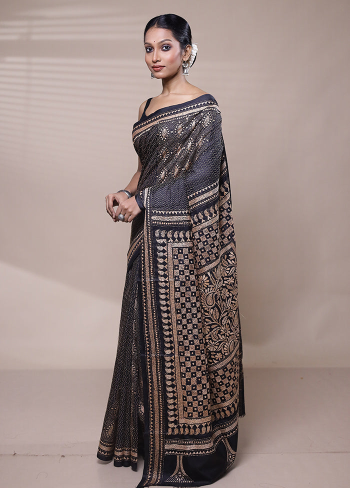 Black Handloom Kantha Stitch Pure Silk Saree With Blouse Piece