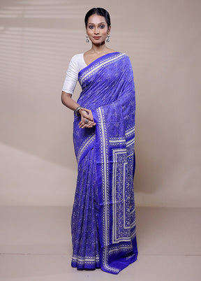 Blue Handloom Kantha Stitch Pure Silk Saree With Blouse Piece