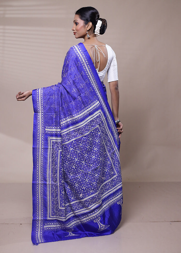 Blue Handloom Kantha Stitch Pure Silk Saree With Blouse Piece