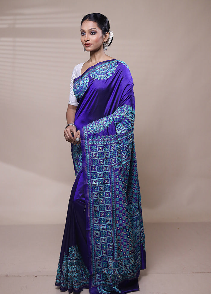 Blue Handloom Kantha Stitch Pure Silk Saree With Blouse Piece