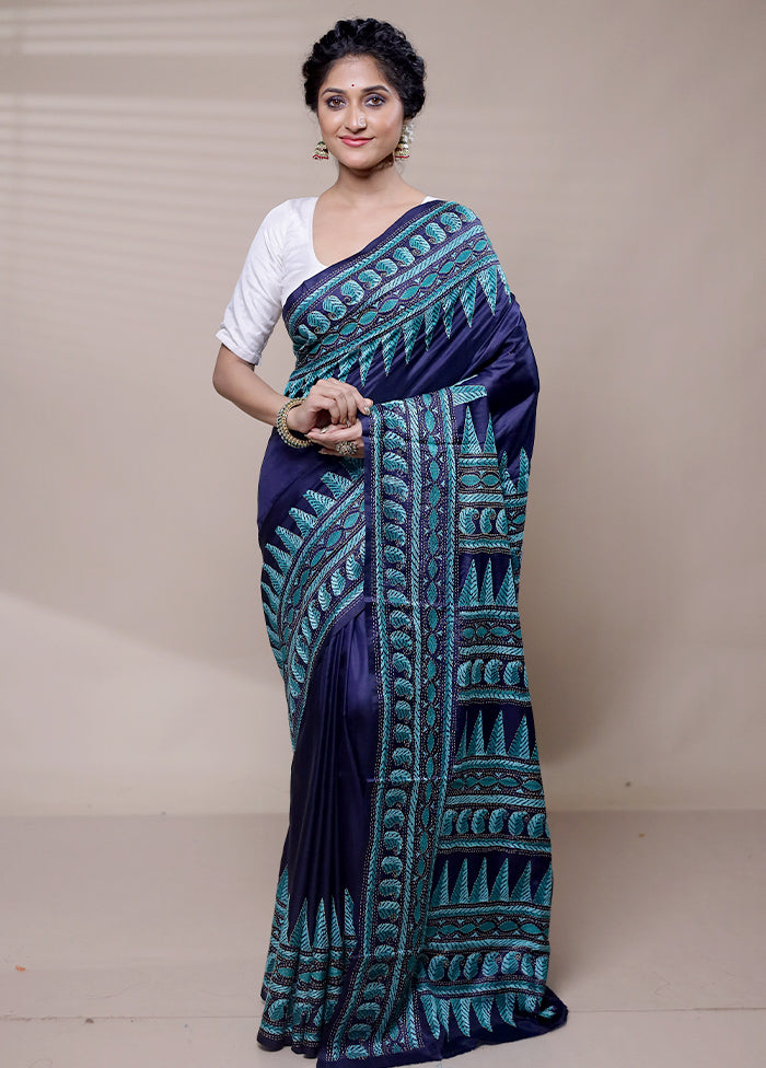 Blue Handloom Kantha Stitch Pure Silk Saree With Blouse Piece