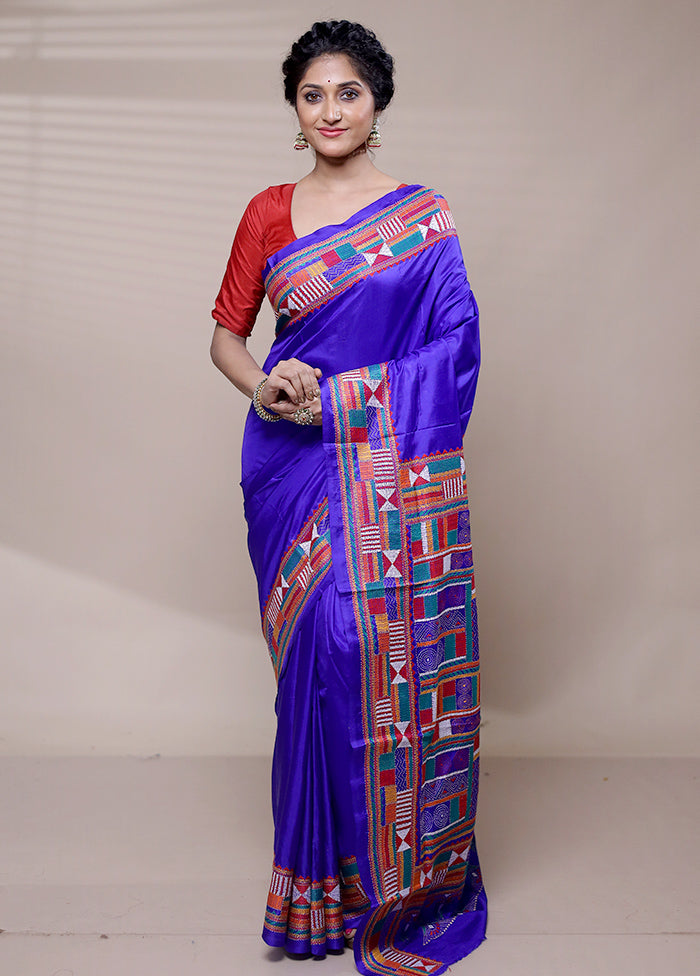 Blue Handloom Kantha Stitch Pure Silk Saree With Blouse Piece