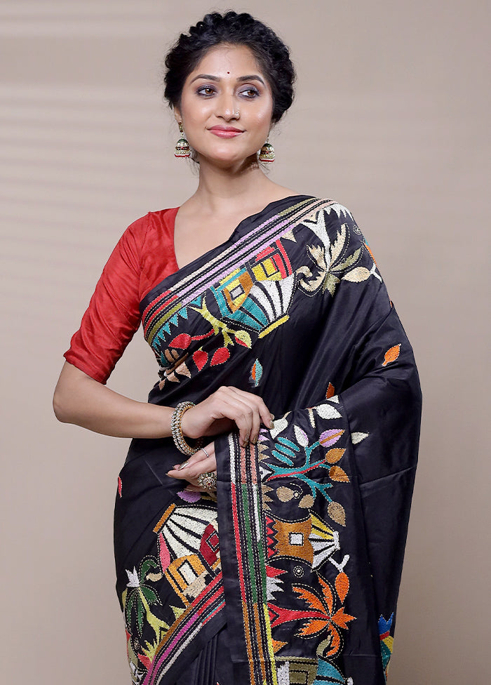 Black Handloom Kantha Stitch Pure Silk Saree With Blouse Piece