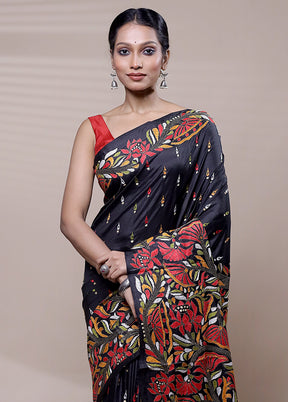 Black Handloom Kantha Stitch Pure Silk Saree With Blouse Piece