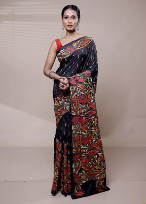 Black Handloom Kantha Stitch Pure Silk Saree With Blouse Piece