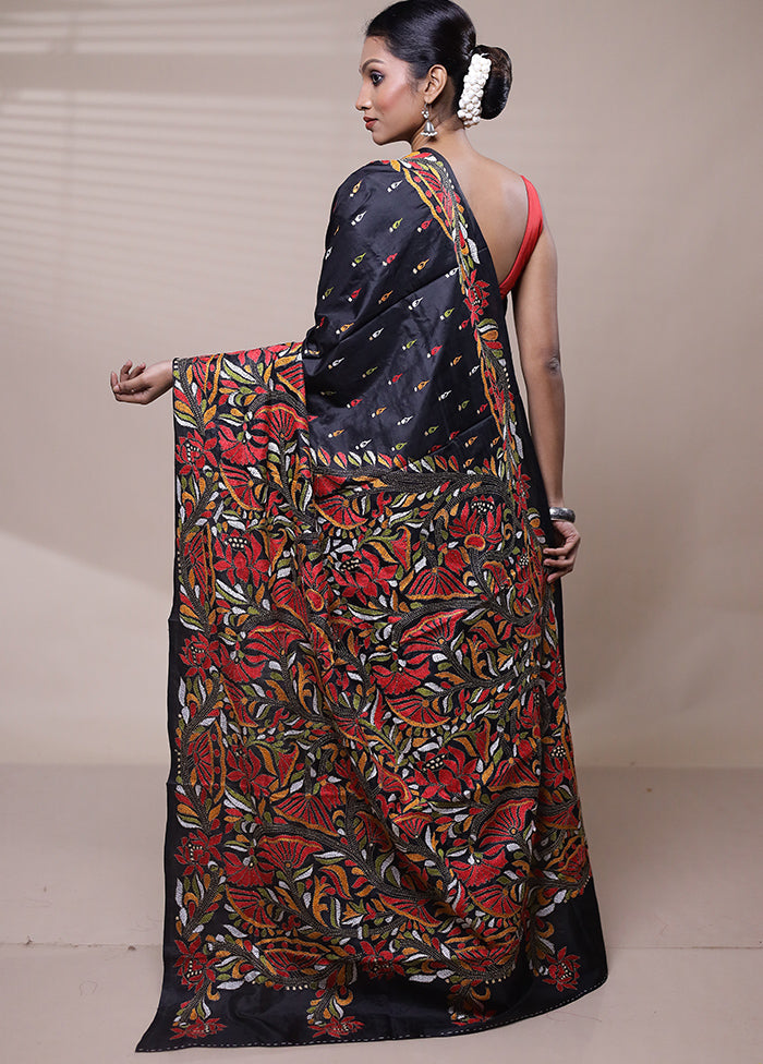 Black Handloom Kantha Stitch Pure Silk Saree With Blouse Piece