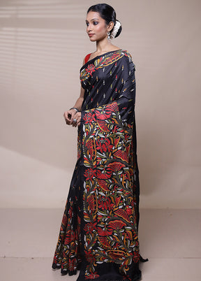 Black Handloom Kantha Stitch Pure Silk Saree With Blouse Piece