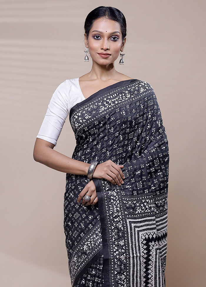 Black Handloom Kantha Stitch Pure Silk Saree With Blouse Piece