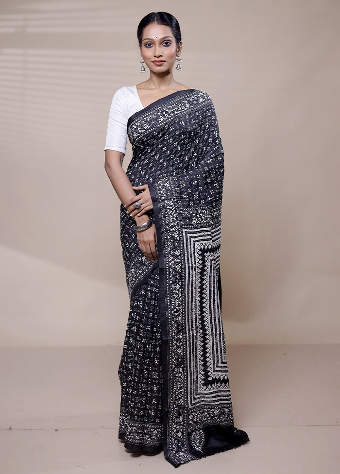 Black Handloom Kantha Stitch Pure Silk Saree With Blouse Piece