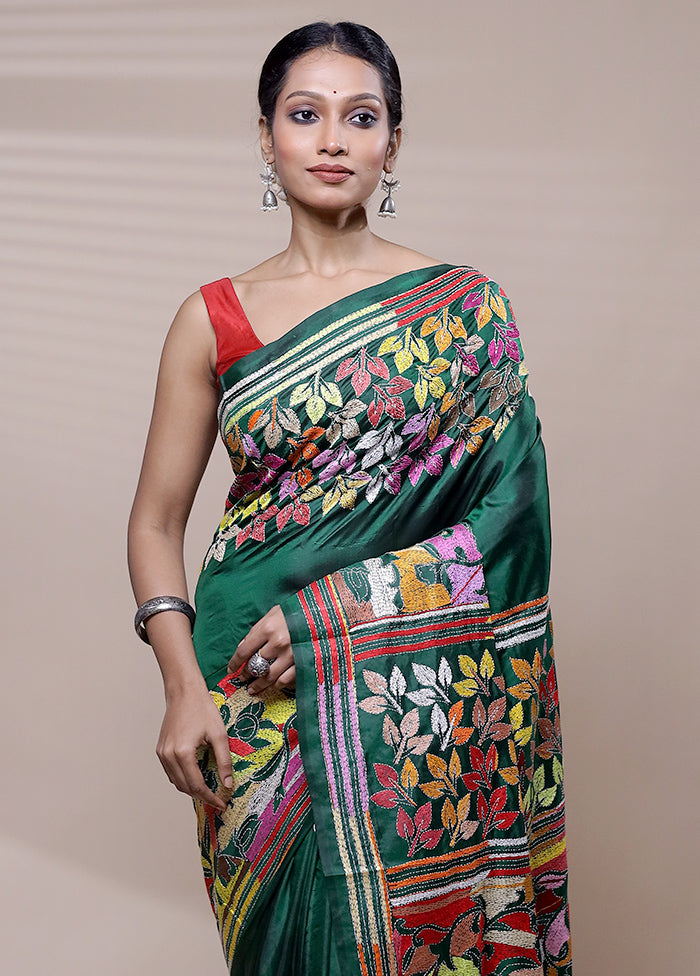 Green Handloom Kantha Stitch Pure Silk Saree With Blouse Piece