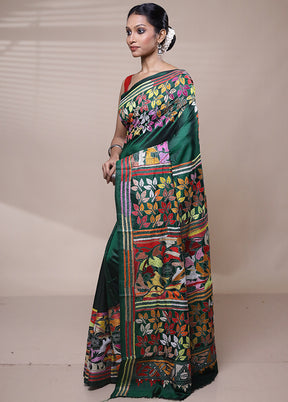 Green Handloom Kantha Stitch Pure Silk Saree With Blouse Piece