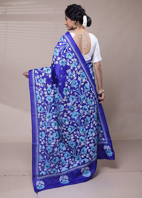 Blue Handloom Kantha Stitch Pure Silk Saree With Blouse Piece