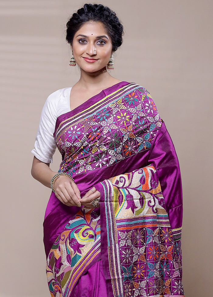 Purple Handloom Kantha Stitch Pure Silk Saree With Blouse Piece