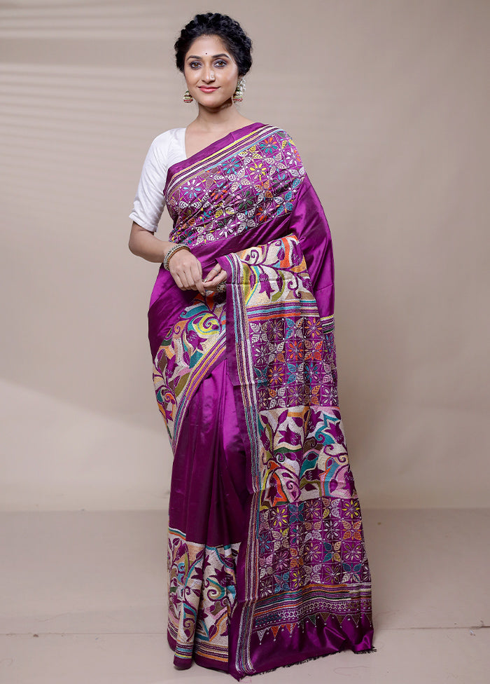 Purple Handloom Kantha Stitch Pure Silk Saree With Blouse Piece