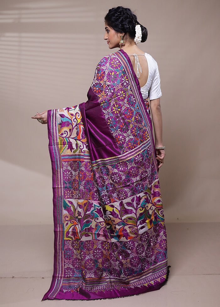 Purple Handloom Kantha Stitch Pure Silk Saree With Blouse Piece