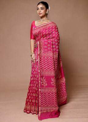 Pink Chanderi Cotton Saree With Blouse Piece