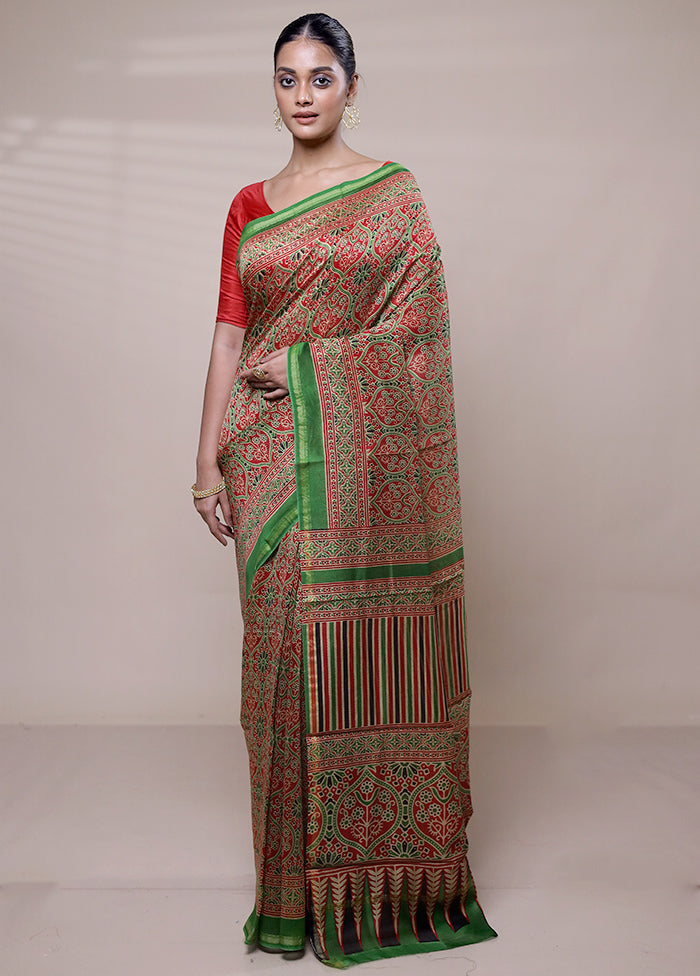 Red Chanderi Cotton Saree With Blouse Piece