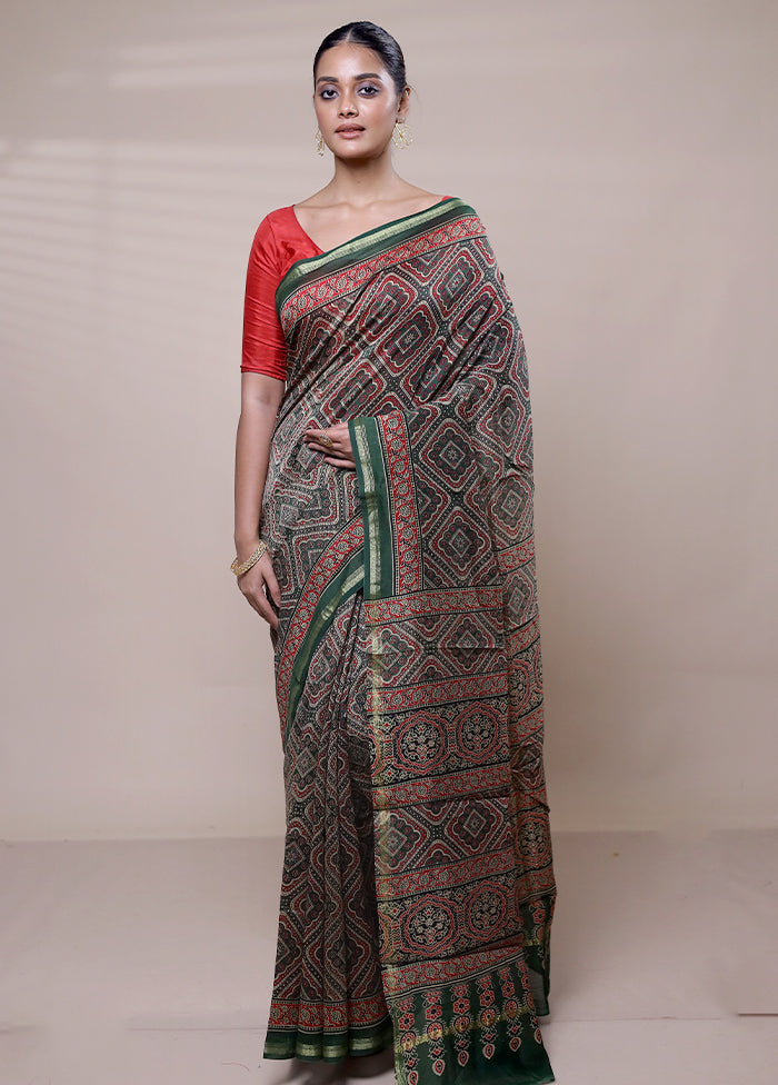 Green Chanderi Cotton Saree With Blouse Piece