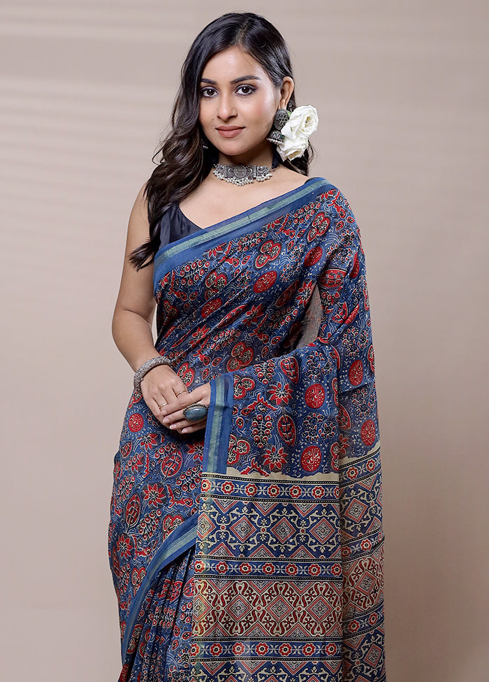 Blue Chanderi Cotton Saree With Blouse Piece