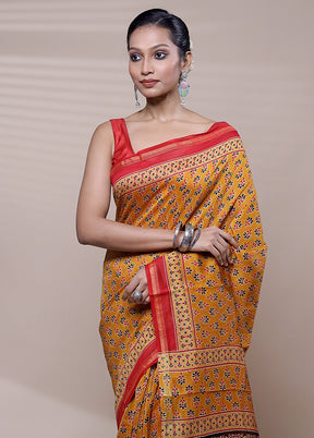 Yellow Chanderi Cotton Saree With Blouse Piece