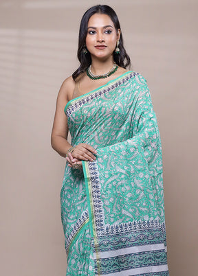 Green Chanderi Cotton Saree With Blouse Piece