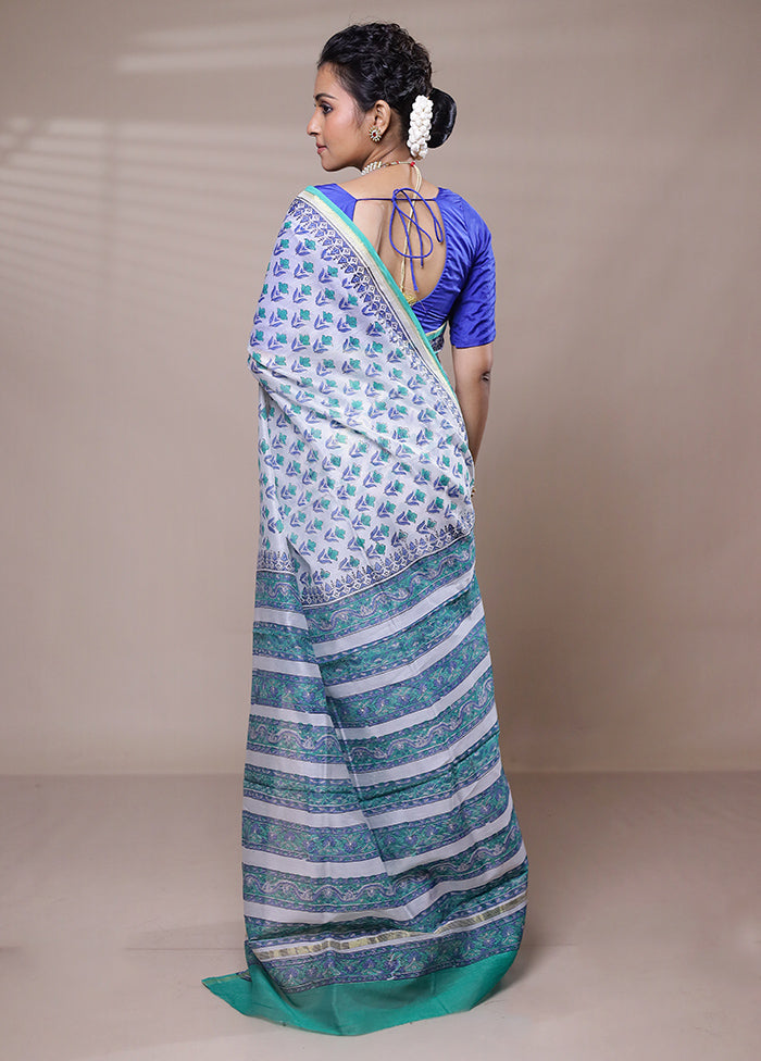 White Chanderi Cotton Saree With Blouse Piece