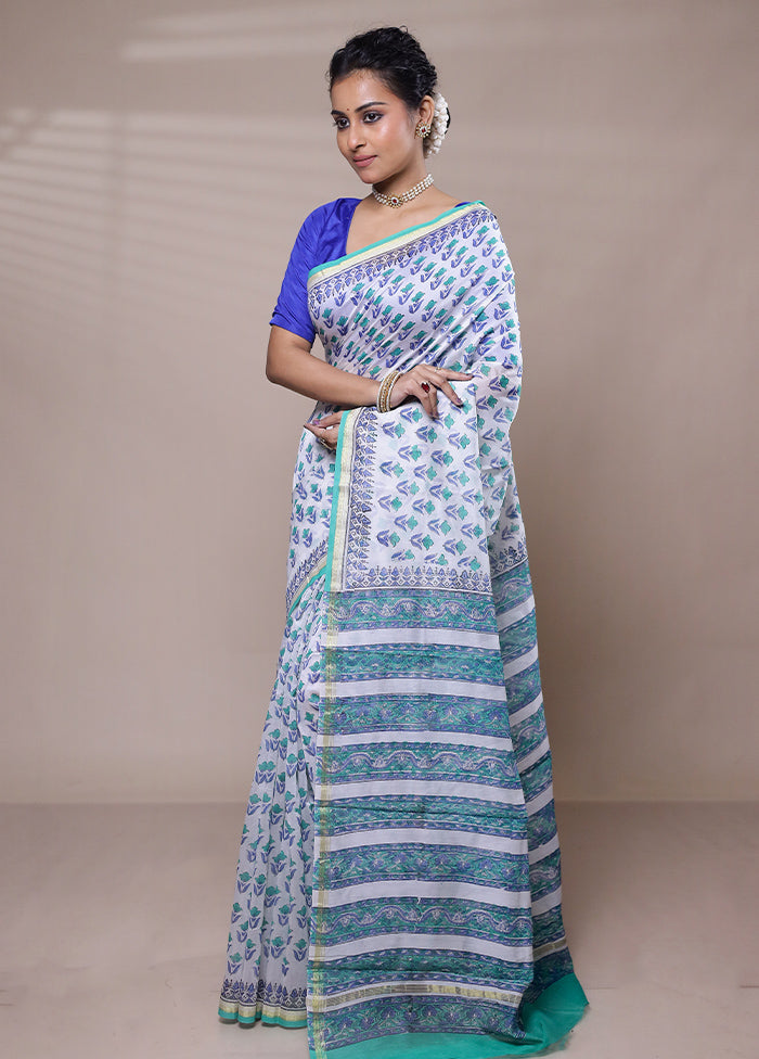 White Chanderi Cotton Saree With Blouse Piece