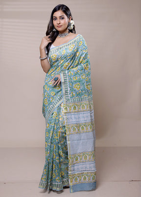 Green Chanderi Cotton Saree With Blouse Piece