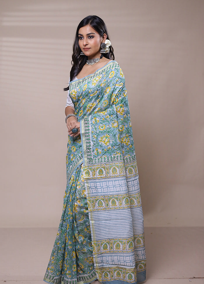 Green Chanderi Cotton Saree With Blouse Piece