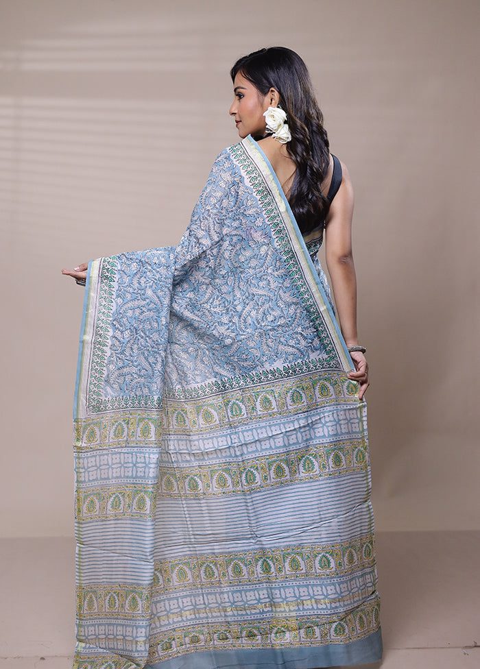 Blue Chanderi Cotton Saree With Blouse Piece