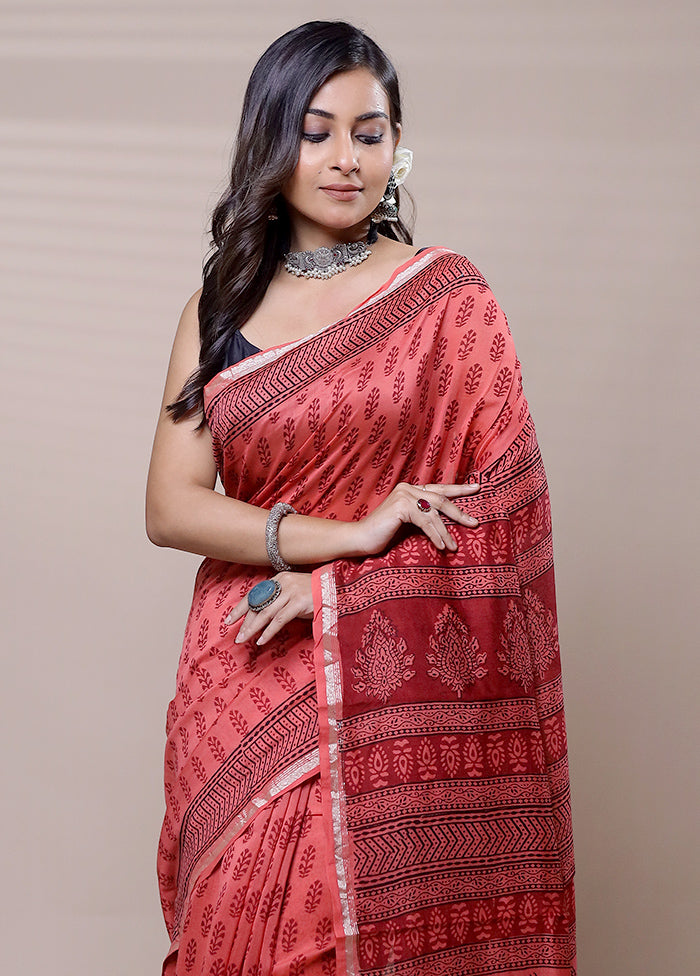 Red Chanderi Cotton Saree With Blouse Piece