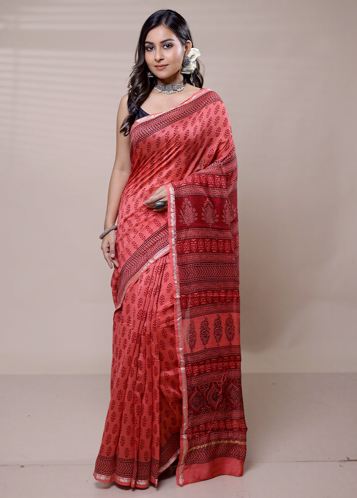 Red Chanderi Cotton Saree With Blouse Piece