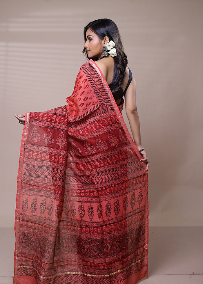 Red Chanderi Cotton Saree With Blouse Piece