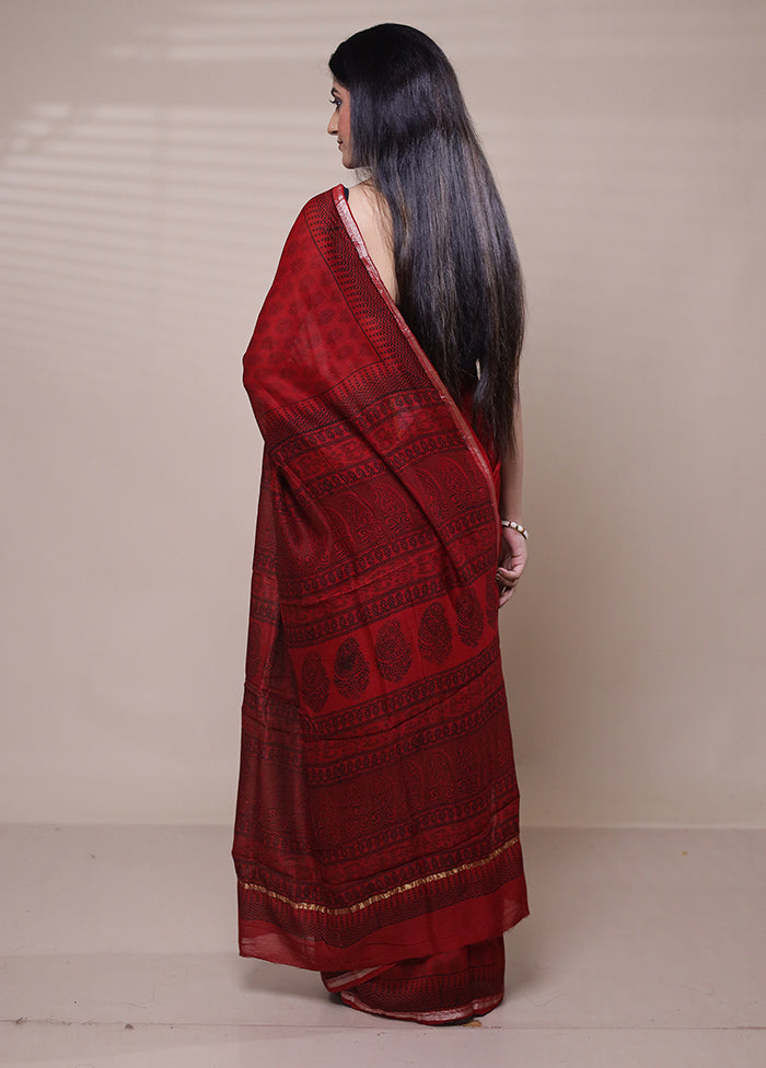 Red Chanderi Cotton Saree With Blouse Piece