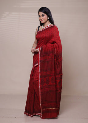 Red Chanderi Cotton Saree With Blouse Piece